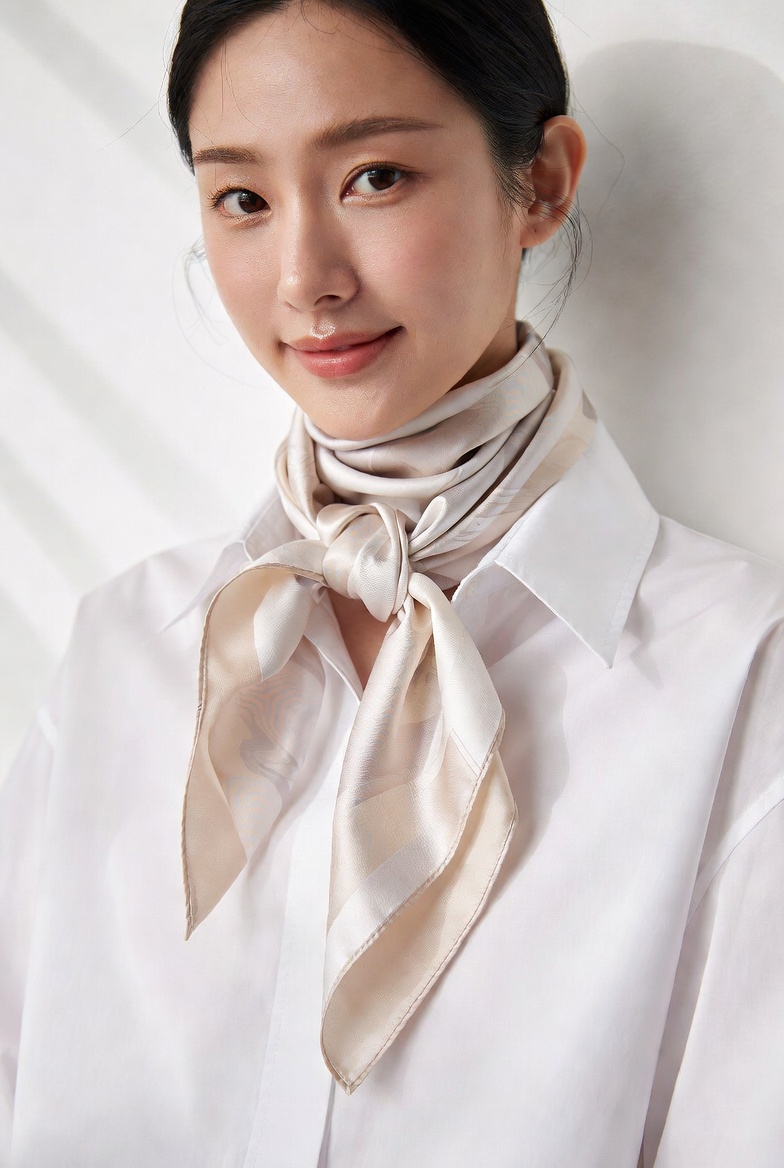 목에 가볍게 묶은 쁘띠 스카프 연출 디테일 컷