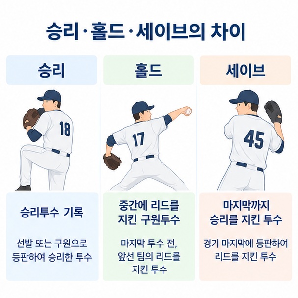 승리와 홀드, 세이브의 기본 의미를 투수 역할에 따라 비교한 이미지