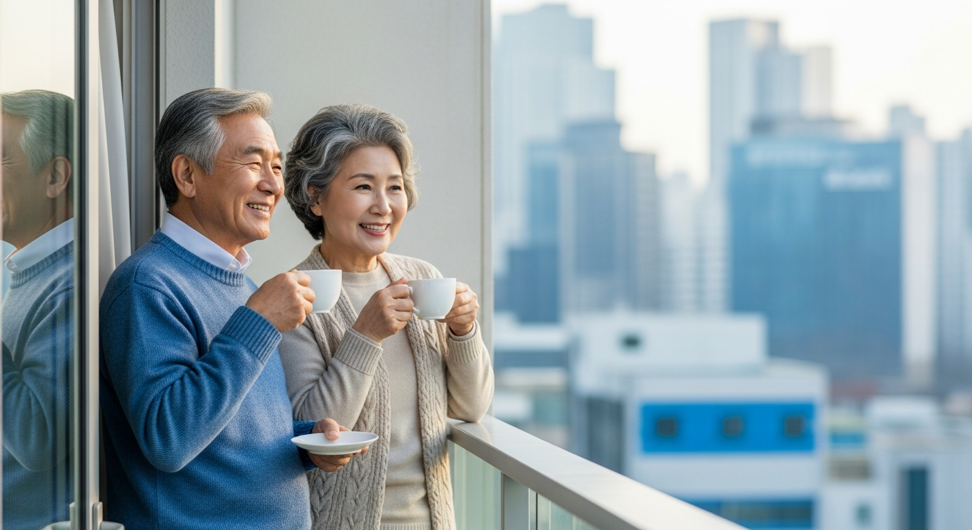 노후에 카페 테라스에 앉아 여유롭게 차를 마시며 미소 짓는 시니어 사업가의 모습으로, 노란우산공제를 통한 안정적인 미래를 표현.