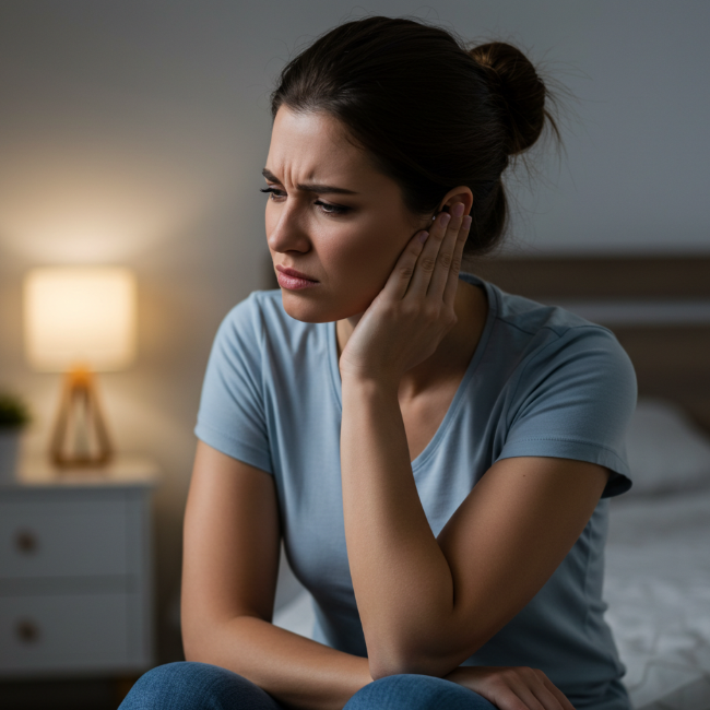 귀 염증 때문에 아프고 불편해서 귀를 만지고 있는 여성 모습