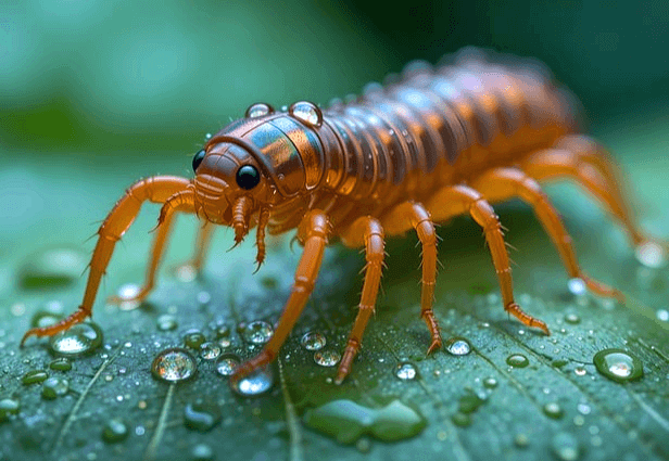 빗방울 맺힌 풀잎에 갈색의 지네가 서 있다. 발이 매우 많다.