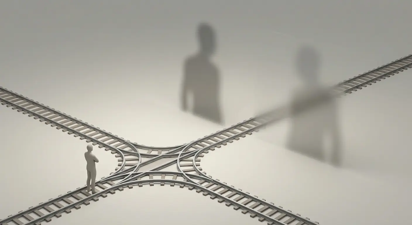 An illustration emphasizing what the trolley problem intentionally leaves unexplained, showing empty spaces around a moral dilemma