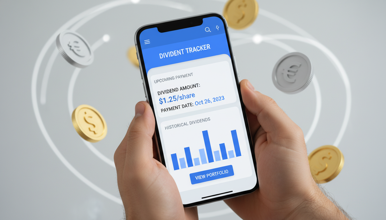 스마트폰 앱을 통해 자신의 배당금을 확인하는 사람의 모습. 디지털 화면에는 주식 계좌와 배당 내역이 표시되어 있고, 주변에 돈을 상징하는 아이콘이 있다.