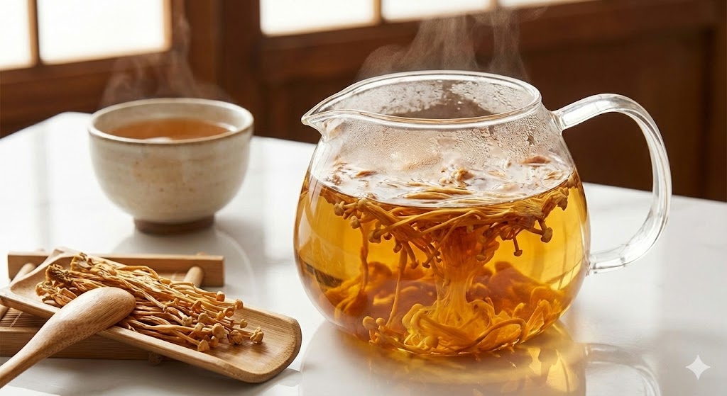 햇볕에 말린 팽이버섯을 차로 우려내어 내장 지방 분해 성분을 가장 농축된 형태로 섭취하는 다이어트 특효 팽이버섯 차