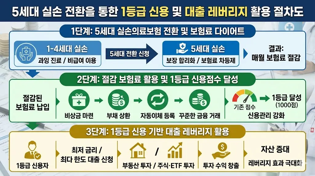 과잉 진료를 막기 위해 도입된 5세대 실손의료보험 전환으로 아낀 보험료를 바탕으로 1등급 신용점수를 만들어 대출 레버리지를 일으키는 절차도