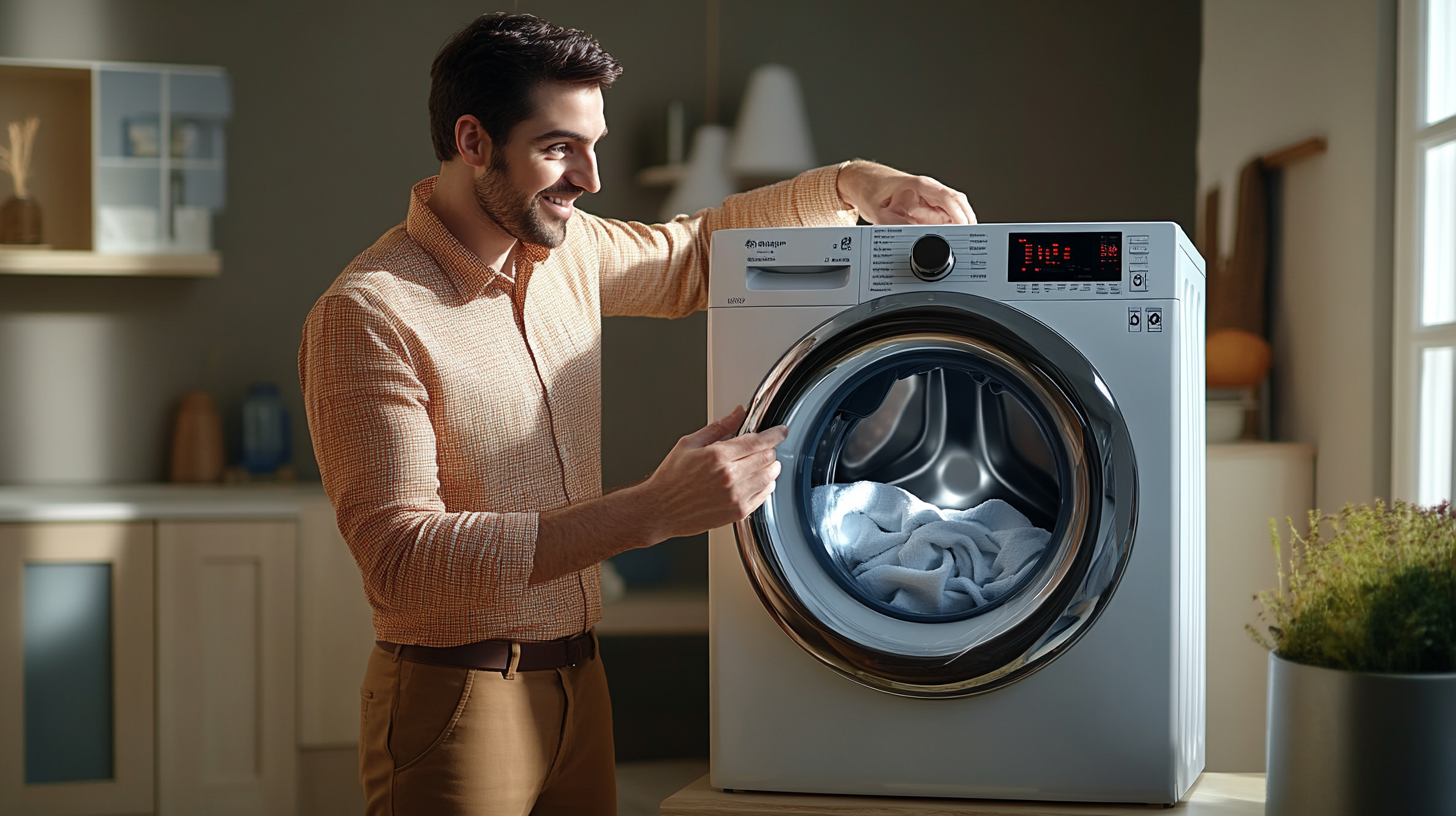 스마트 홈 환경에서 세탁기의 고급 기능을 설명하는 친절한 서비스 직원의 모습
