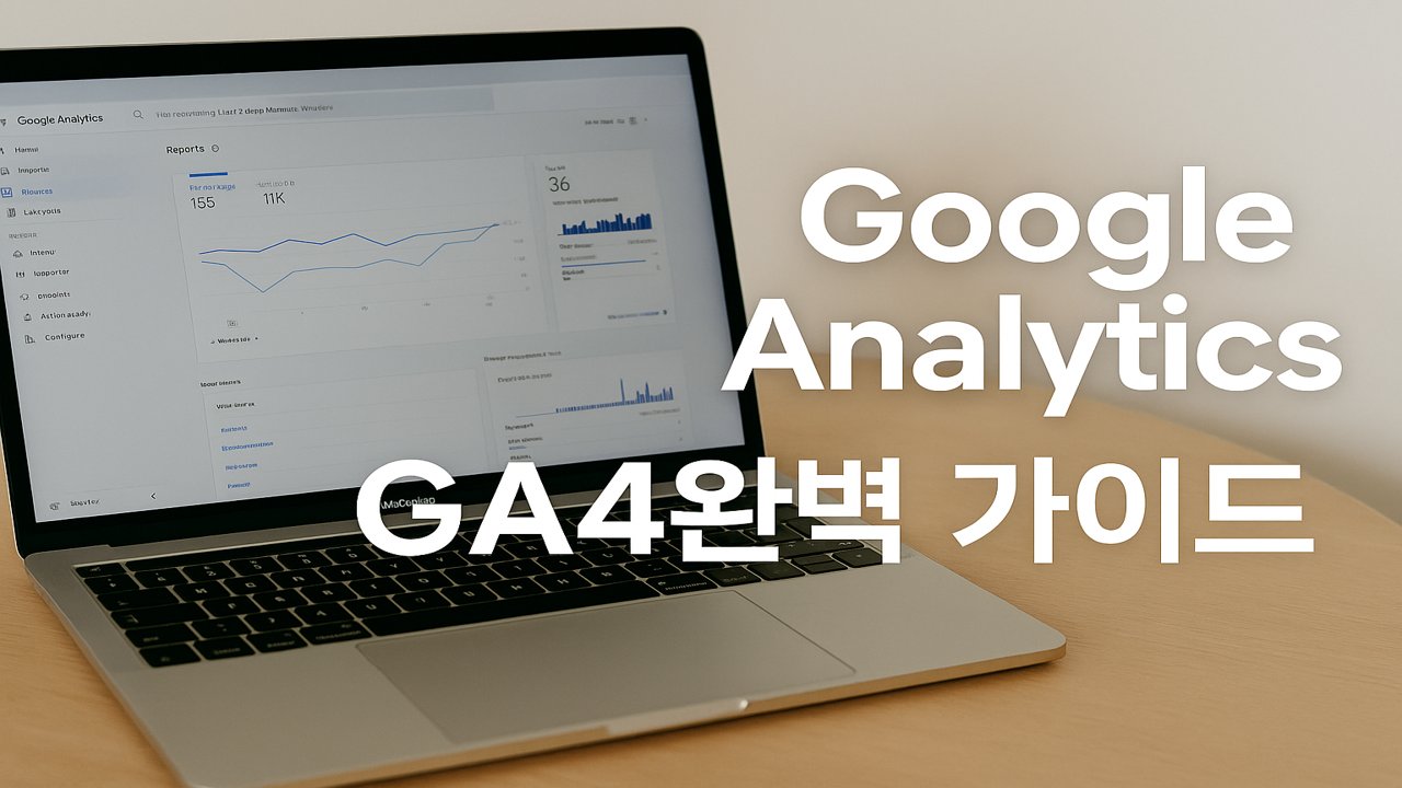 Google Analytics GA4 대시보드가 표시된 노트북과 'GA4 완벽 가이드' 텍스트가 포함된 현실적인 썸네일 이미지