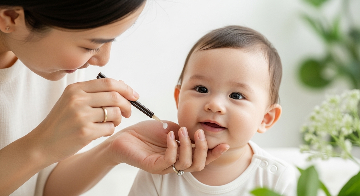건강하고 행복해 보이는 아기가 어성초 토너와 함께 싱그러운 초록 잎을 부드럽게 만지고 있는 모습으로, 순한 아기 스킨케어의 중요성을 강조합니다.