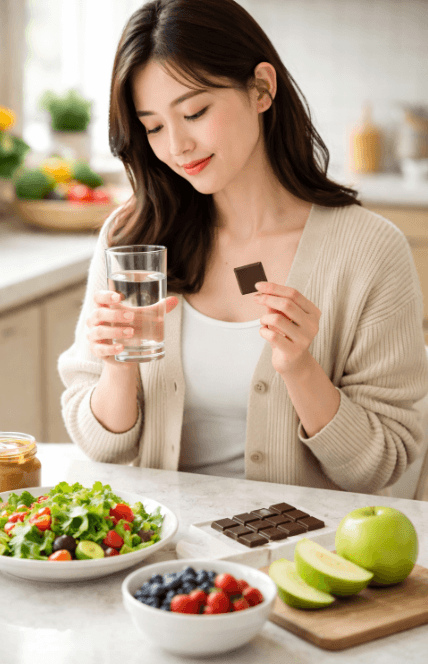 건강한 음식과 물을 마시는 여자