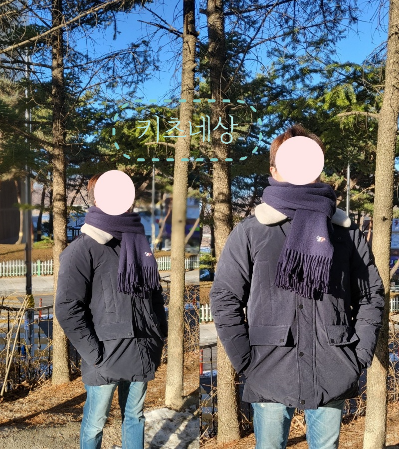 메종키츠네 폭스 패치 목도리 네이비 컬러 남색 실제 착용샷