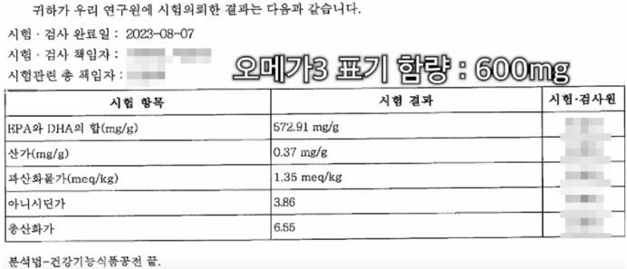 Natural Factors RX 오메가 3 테스트 결과지