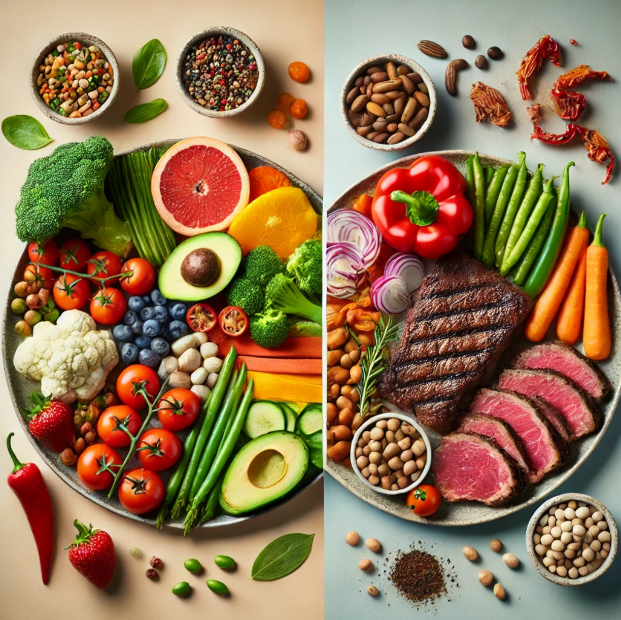 채식식단과 육식식단 이미지