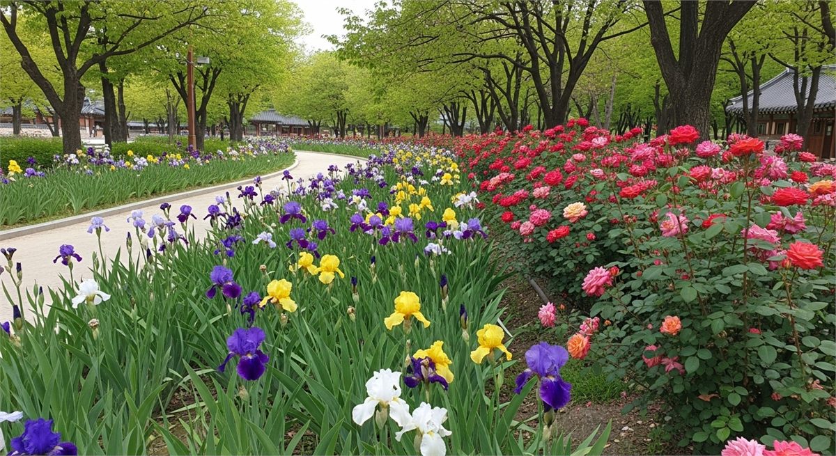 공원 산책길 옆으로 붓꽃과 장미가 피어 있는 장면 