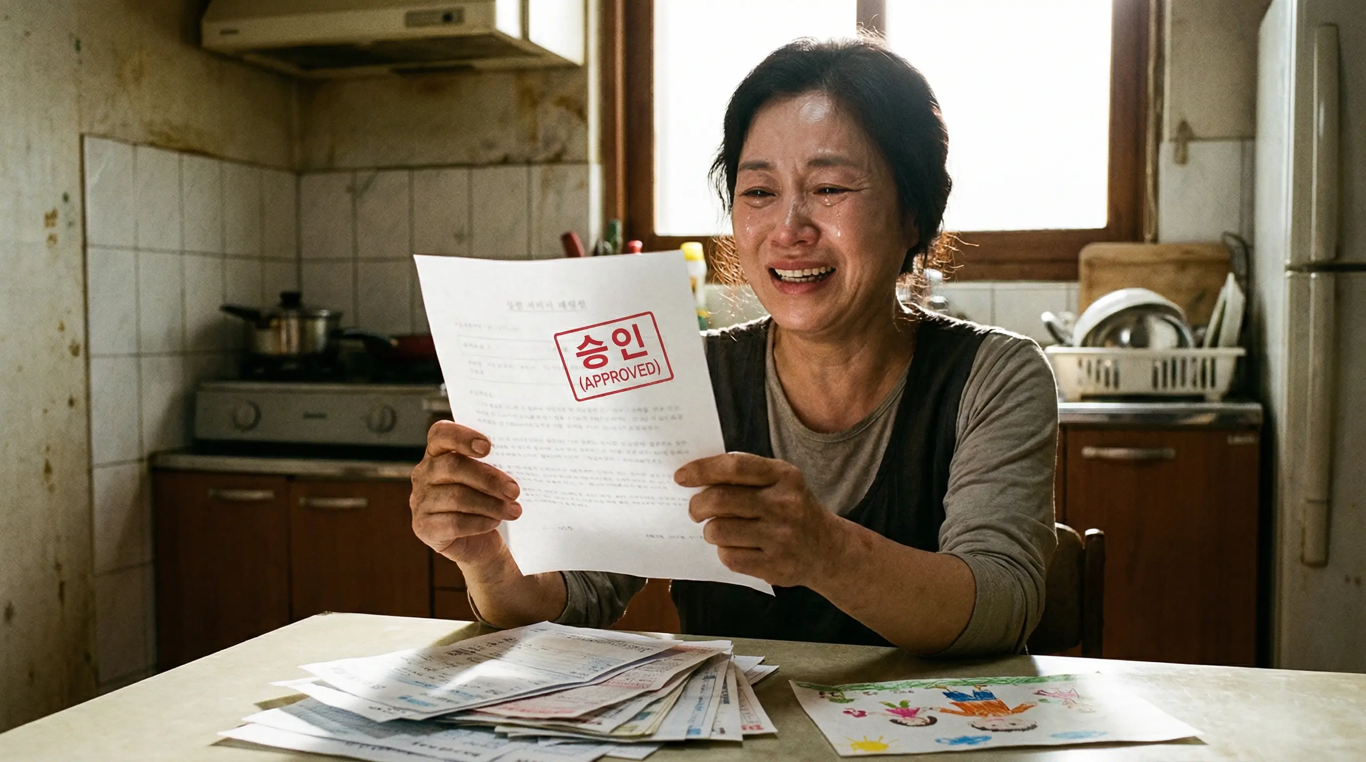 어려운 조건 속에서도 승인 도장이 찍힌 서류를 받고 기뻐하는 무직자 혹은 주부의 모습