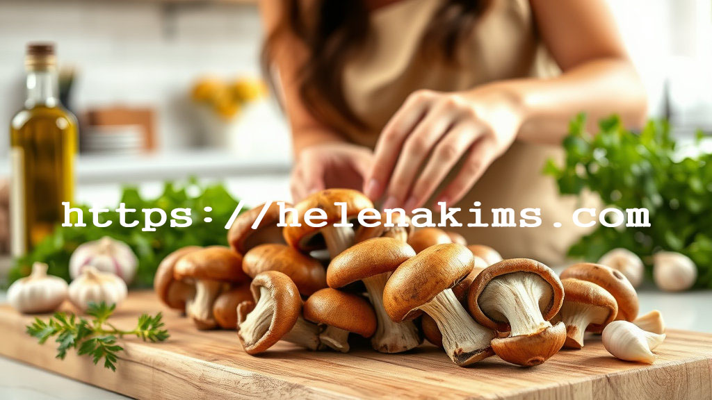 여성이 주방에서 버섯을 손질하고 있는 이미지.