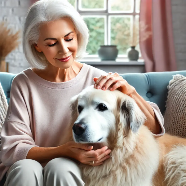 아늑한 소파에 앉아 반려 노령견을 다정하게 쓰다듬는 노년 여성의 초고해상도 사진