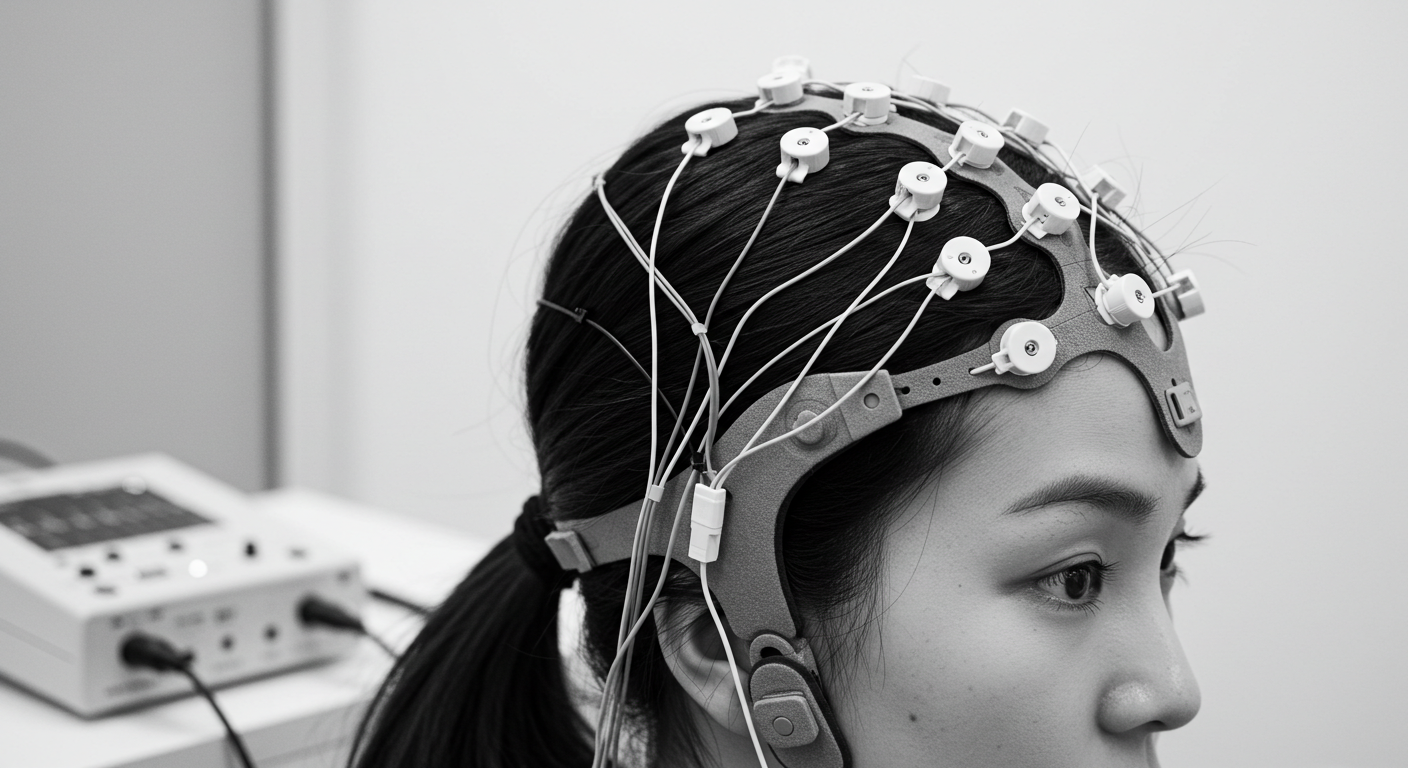 뇌파 측정용 EEG 캡을 쓴 여성의 옆모습이 정면을 응시하고 있다. 머리에 부착된 전극들이 뇌파를 감지하는 모습을 통해 전문적이고 과학적인 분위기를 연출한다. 뇌의 전기적 활동이 시각적으로 표현되어 신경과학 또는 뇌 건강 관련 내용을 나타낸다.