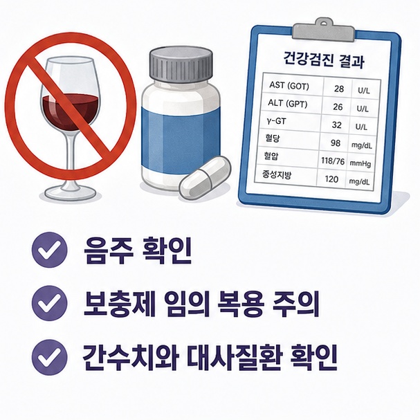 지방간 관리에서 음주량과 건강기능식품을 확인하고 간수치와 대사질환을 함께 점검해야 함을 보여주는 그림