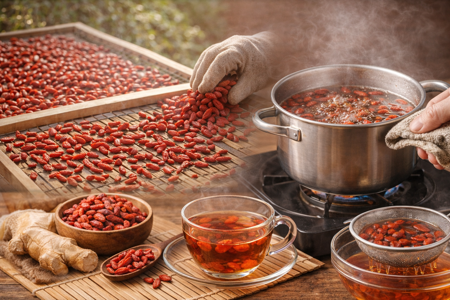 구기자 건조와 구기자차 끓이는 모습