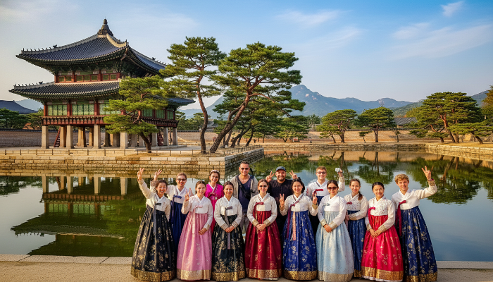 한복을 입은 외국인 관광객들이 경복궁 경회루 앞에서 기념사진을 찍는 풍경