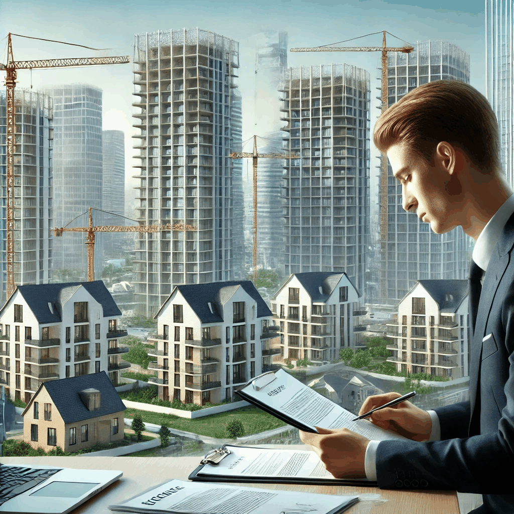 고층 아파트 건설 현장을 배경으로 부동산 관련 법률 문서를 검토하는 젊은 전문가의 모습