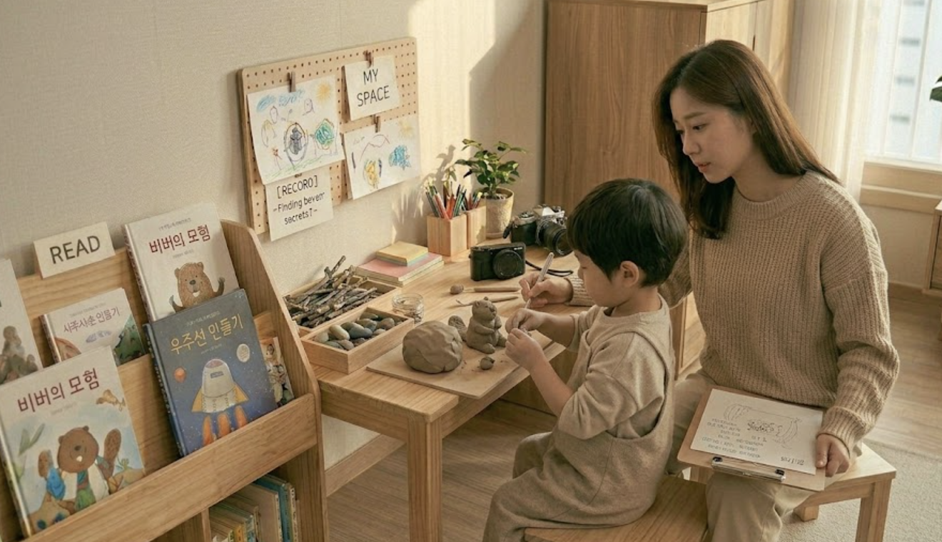 찰흙으로 물리적 대화를 하는 아이를 지켜보는 엄마의 모습