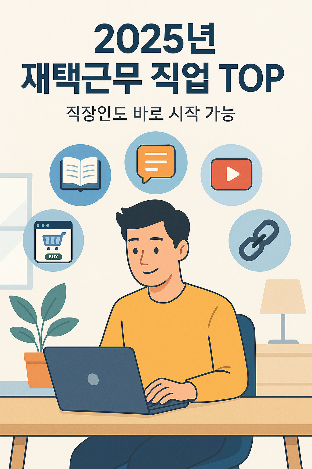 2025년 재택근무 직업 TOP 10을 보여주는 디지털 노마드 일러스트｜전자책, 블로그, 스마트스토어, AI 부업 등