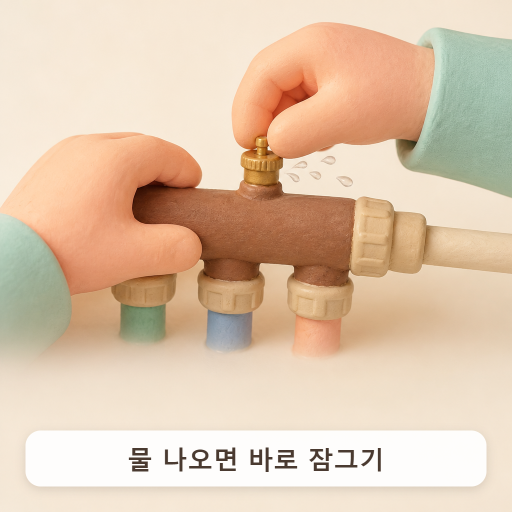 분배기 배관 위 작은 밸브를 돌리는 손 클로즈업