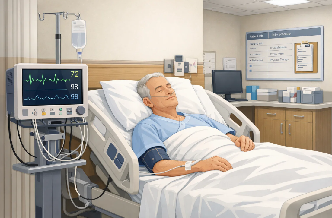 ALT="입원 병실에서 심전도 모니터링을 받으며 지속적으로 심장 상태를 관찰하는 부정맥 검사 상황"