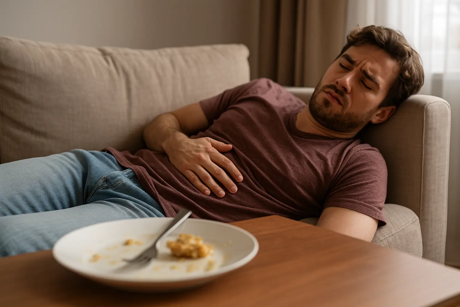 소파에-바로-누워-식사-속쓰림을-느끼며-뱃속을-감싸는-남성의-표정