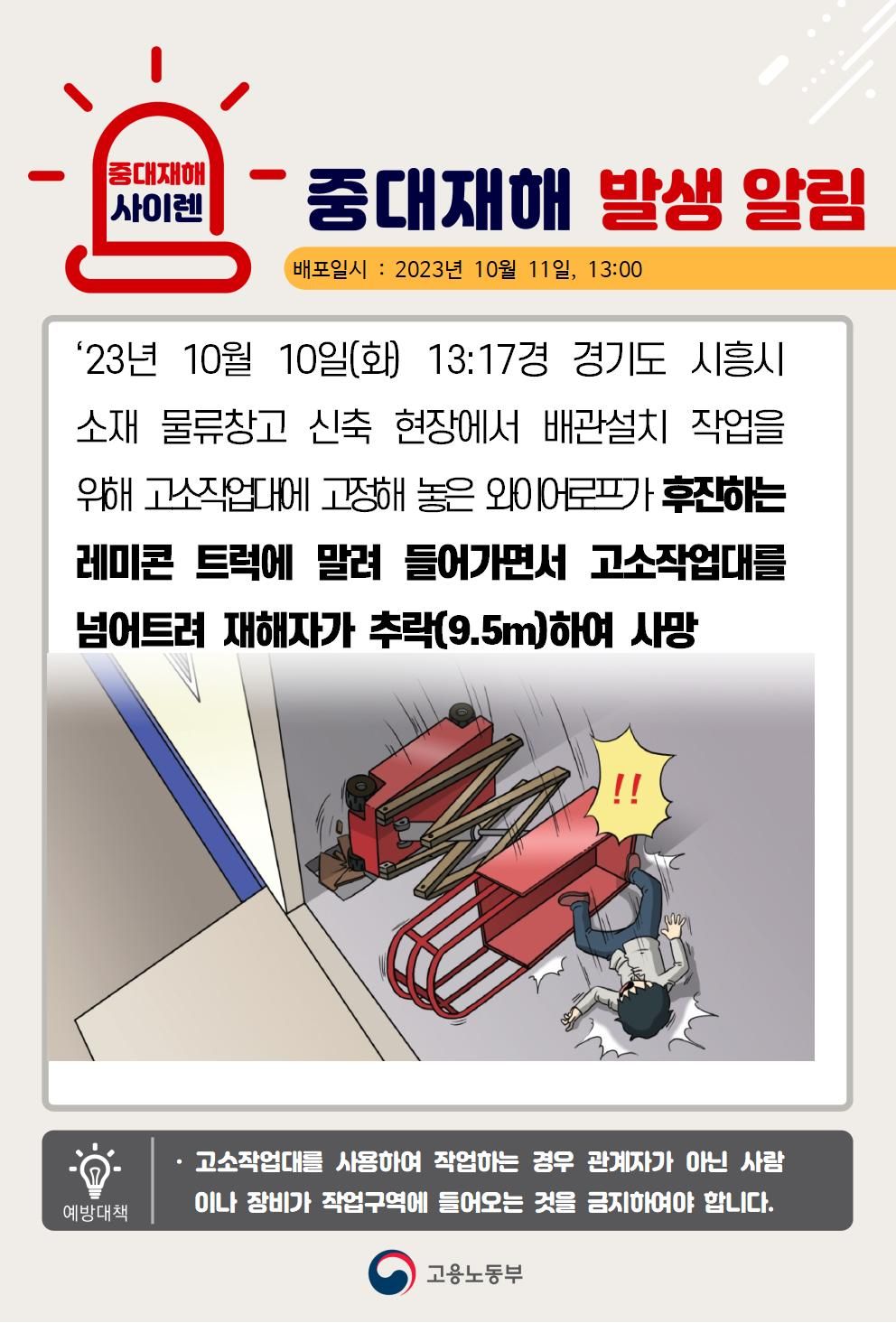 PC거더 설치 중 거더가 전도되며 고소작업대에 충돌하여 떨어짐(7m)