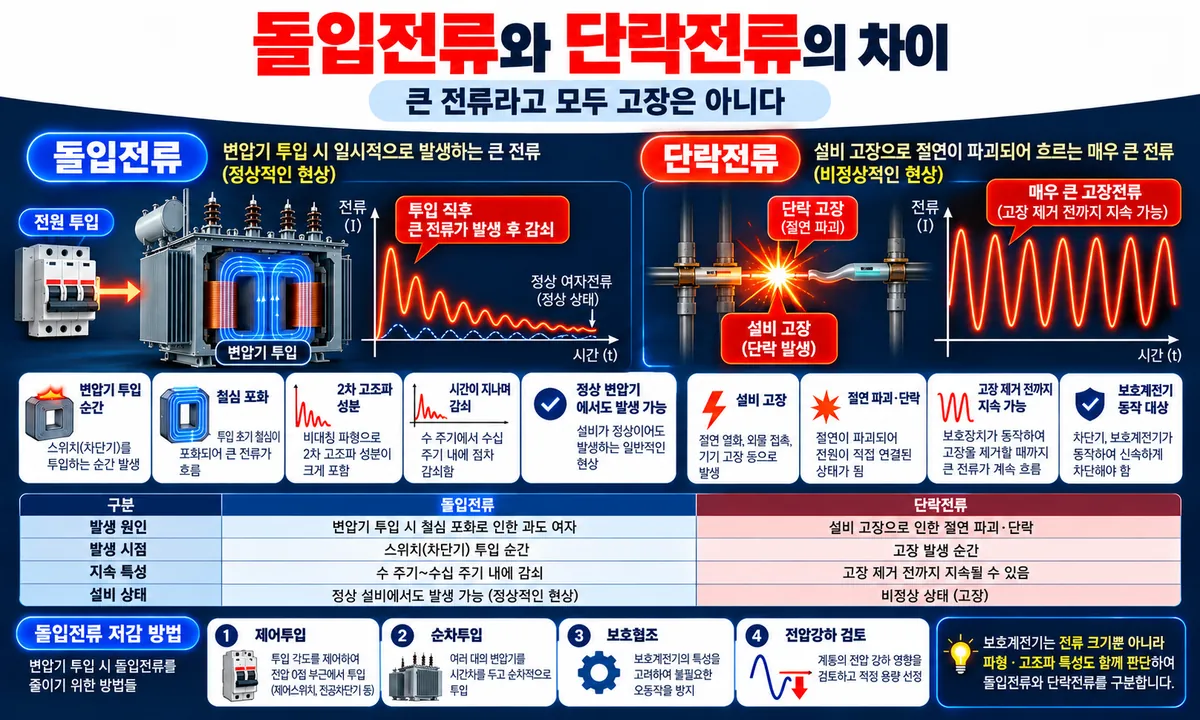 변압기 돌입전류와 단락전류의 발생 원인 차이