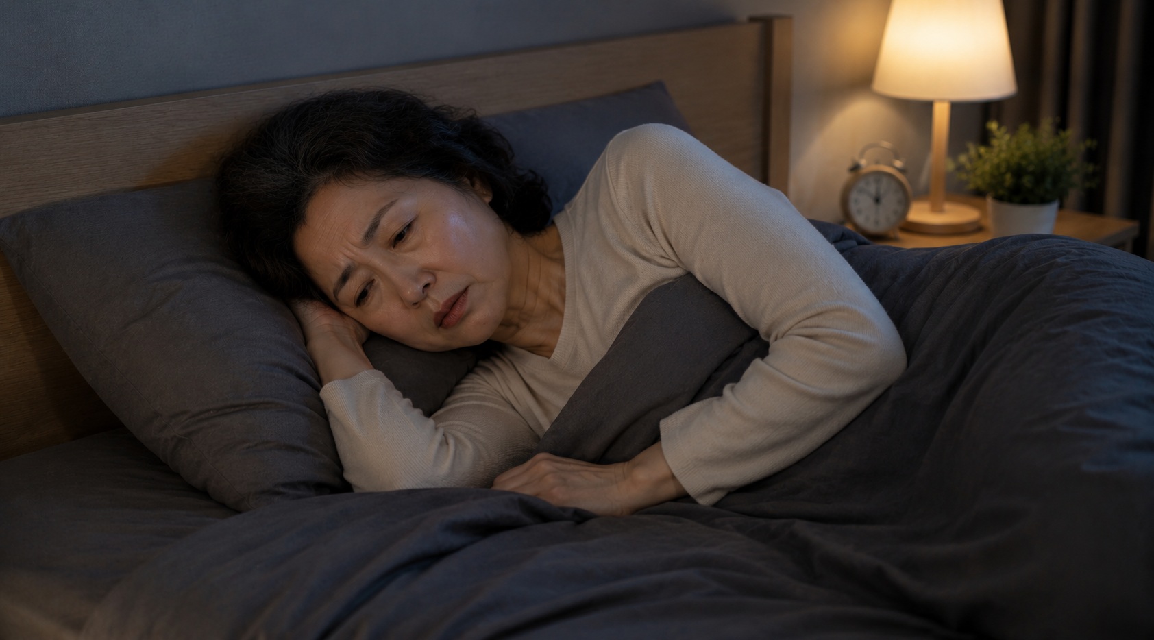 밤 시간 침대에서 편하지 않은 자세로 뒤척이며 잠들어 있는 60대 여성의 모습