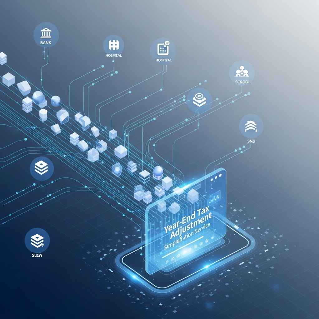 다양한 기관의 데이터가 하나의 디지털 서비스로 모이는 모습, 연말정산 간소화 서비스의 확장된 데이터 수집 범위를 시각적으로 표현