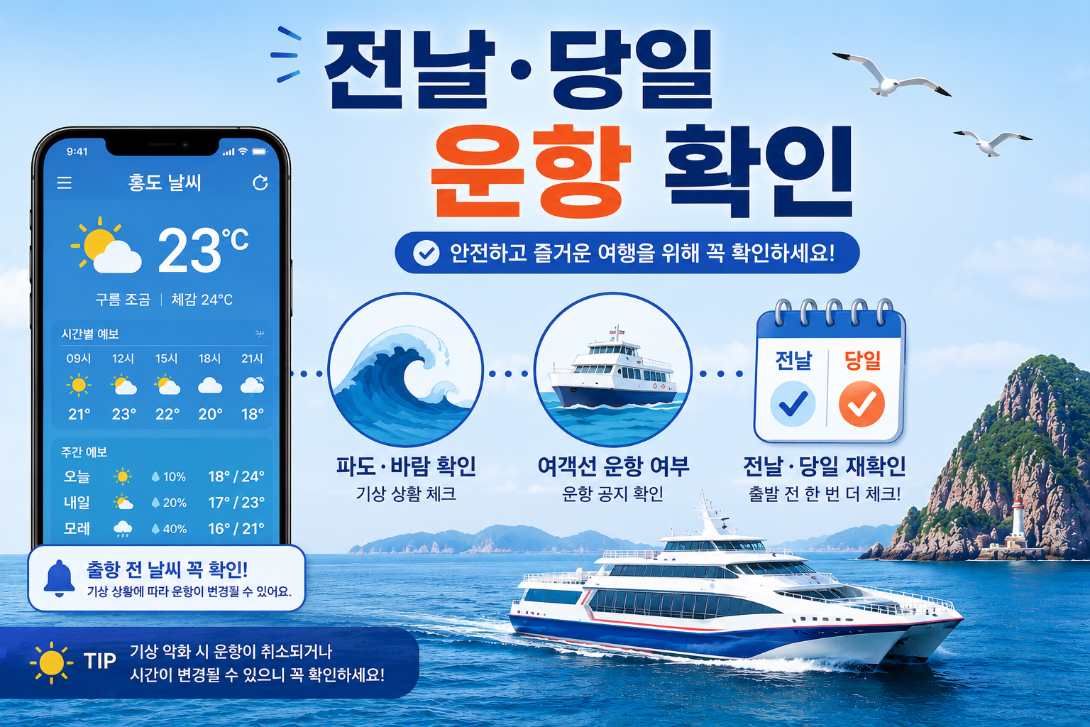 목포 홍도 배편 결항에 대비해 날씨와 당일 운항 여부를 확인하는 모습