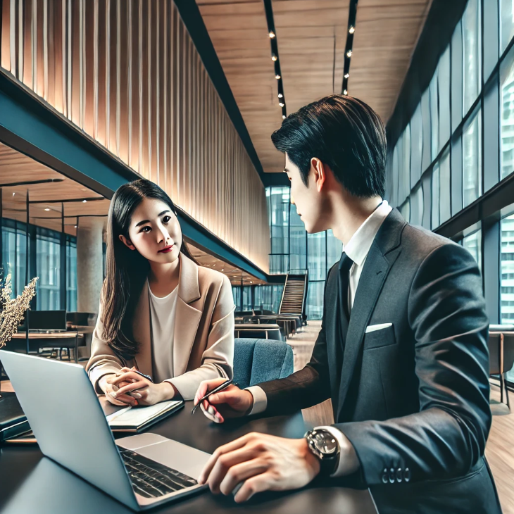 사무실에서 사장과 재무 상담가가 상담하는 모습
