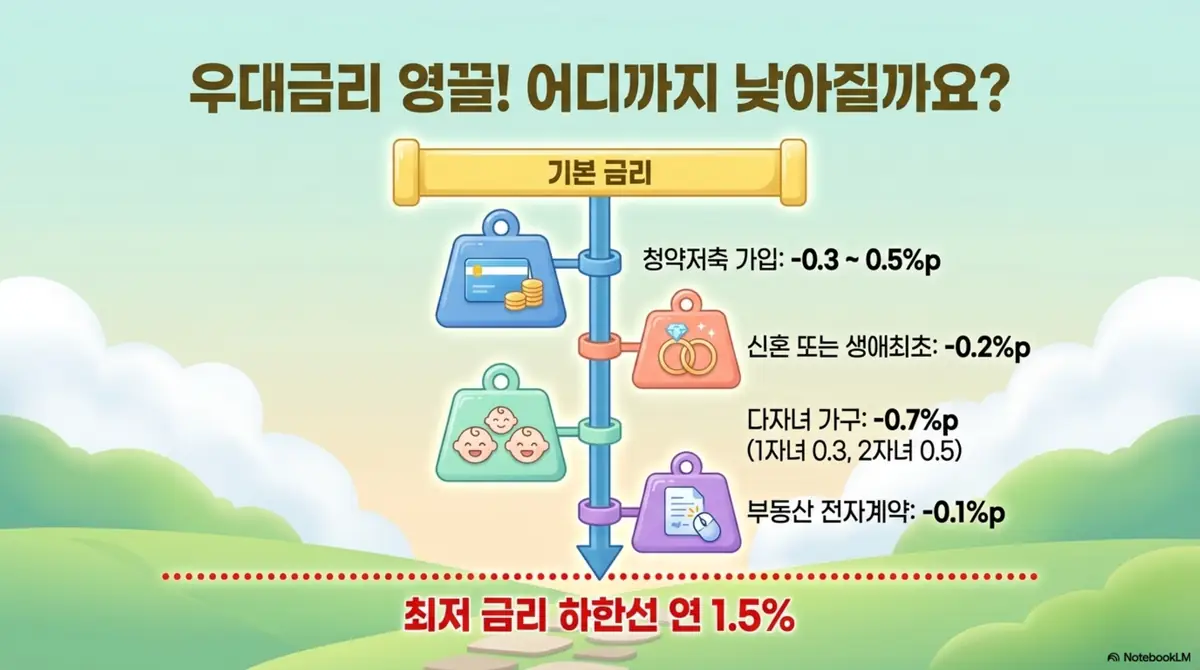 디딤돌대출 조건: 디딤돌대출 우대금리 항목을 저울추로 표현한 이미지. 청약저축 가입, 신혼과 생애최초, 다자녀 가구, 부동산 전자계약 우대 폭과 최저 금리 하한선 연 1.5%를 설명함