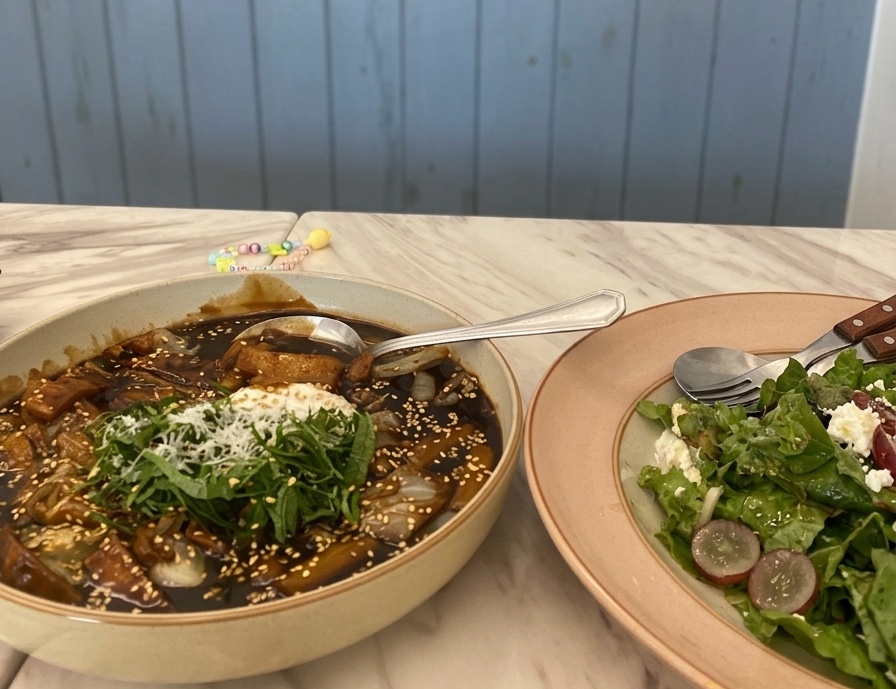 Truffle Jjajang Tteokbokki served with fresh ricotta grape salad on a plate, a kid-friendly signature menu at Cafe 686.