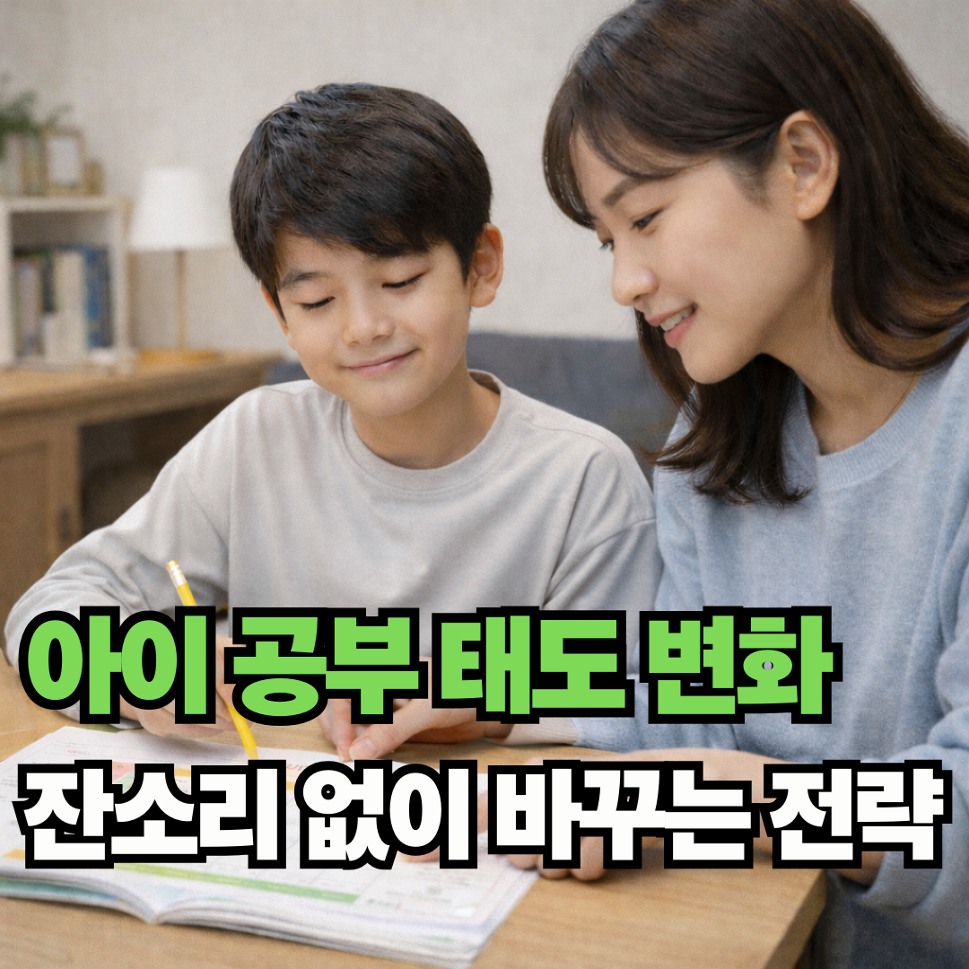 집 안 공부방에서 학습 계획을 함께 점검하며 코칭하는 부모와 아이