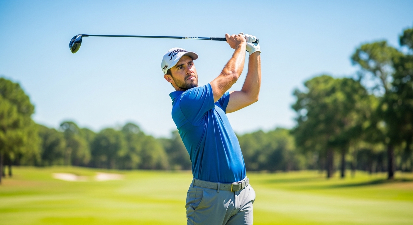 드라이버 백스윙 탑 자세를 완벽하게 취하고 있는 남성 골퍼. 비거리 향상을 위한 핵심 백스윙 자세를 보여주며, 역동적인 필드의 모습과 대비되어 힘과 집중을 강조합니다.