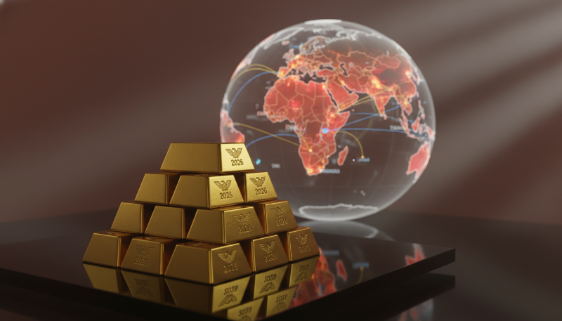 2026년 국제 정세의 불안정함 속에서 빛나는 금괴들과 세계 지도의 디지털 홀로그램.