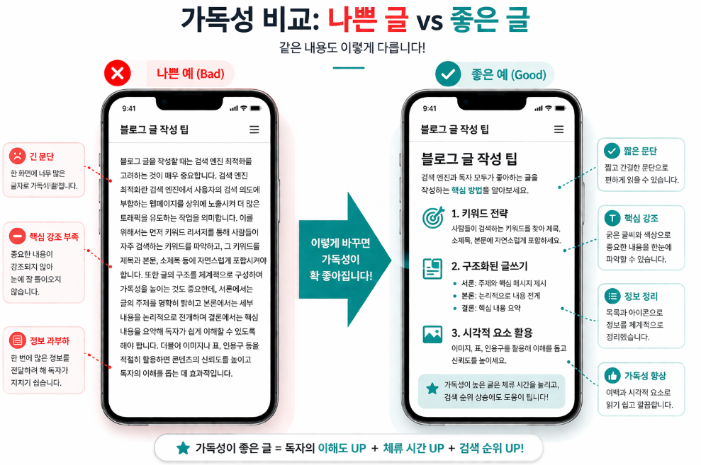 모바일 가독성을 높이기 위한 문단 나누기와 리스트 구조 활용의 좋은 예시와 나쁜 예시 비교