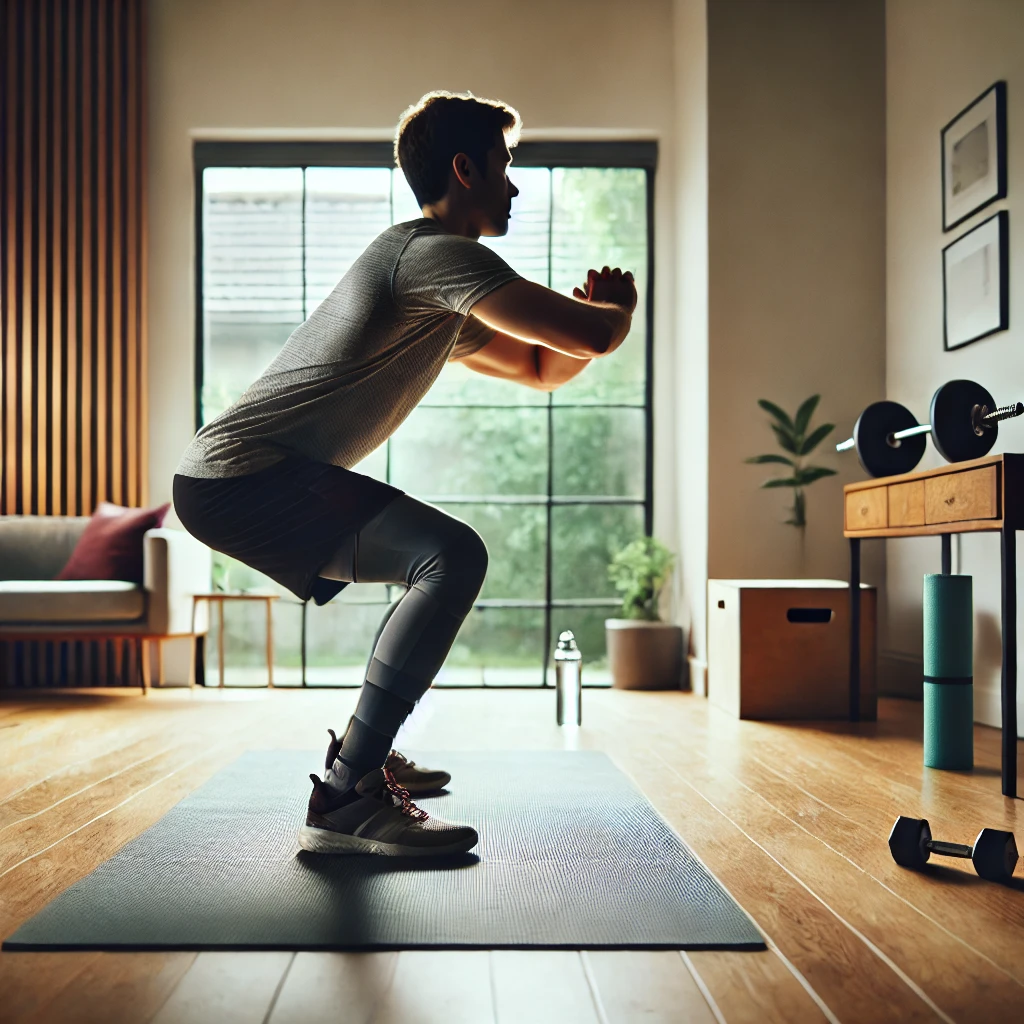 실내 환경에서 스쿼트 운동을 하고 있는 사람의 이미지