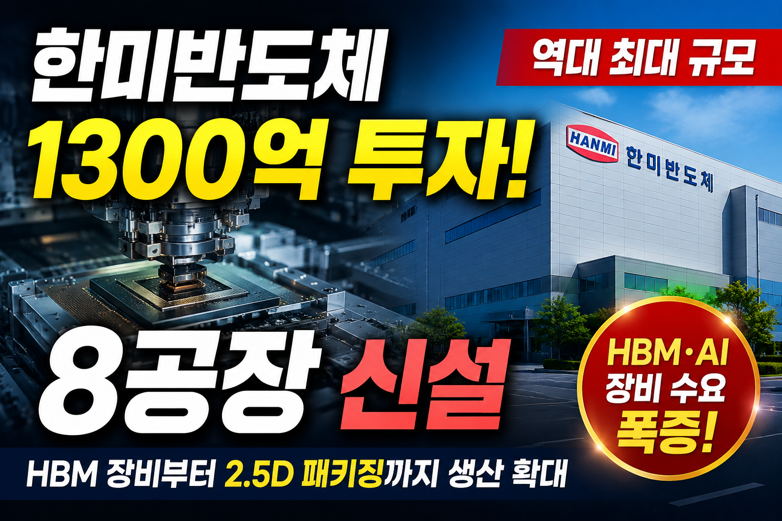 한미반도체 1300억원 투자 역대 최대 8공장 신설과 HBM TC 본더·하이브리드 본더 생산 확대
