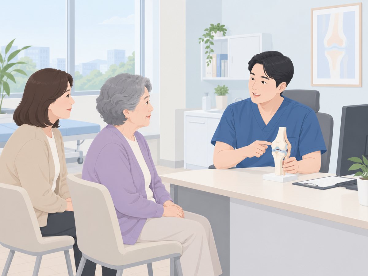 무릎 관절 모형을 보며 의료진과 상담하는 노년 환자와 보호자