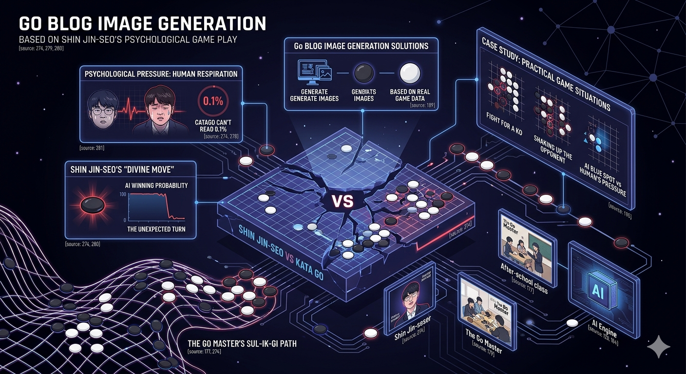 A dark cyber-themed isometric infographic titled 'GO BLOG IMAGE GENERATION BASED ON SHIN JIN-SEO'S PSYCHOLOGICAL GAME PLAY'. It features a fractured go board with a matchup against KataGo , interconnected modules showing psychological pressure analysis, AI win rate graphs with 'DIVINE MOVE' highlights, and detailed game case studies . A large network path of black and white stones labeled 'THE GO MASTER'S SUL-IK-GI PATH' connects all elements , surrounded by diverse screens displaying content with 'The Go Master' branding . The image uses a dark navy and purple palette with electric blue and neon-white glow .