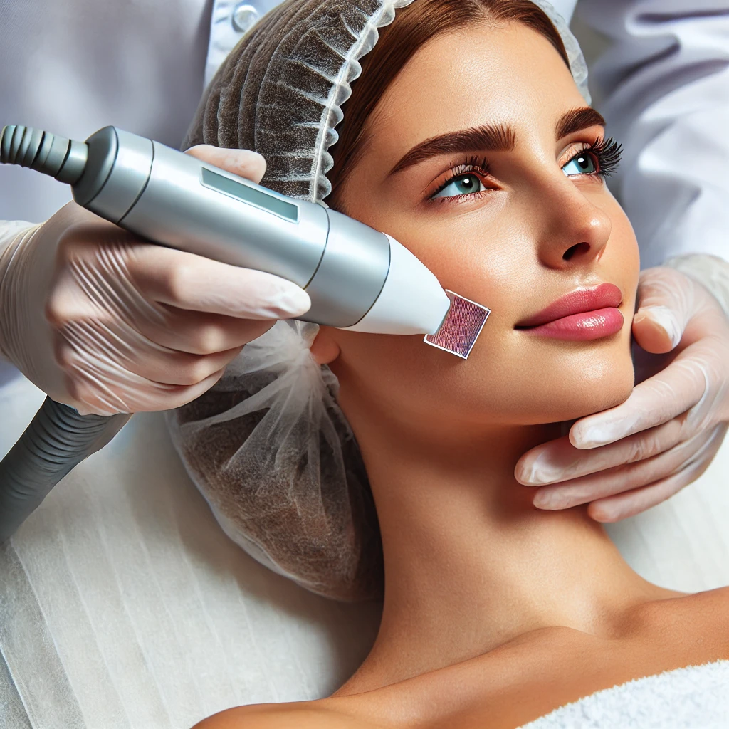 피부과에서 프락셀 레이저 시술을 받고 있는 환자, 여드름 흉터와 주름 개선을 위해 레이저 장비를 사용