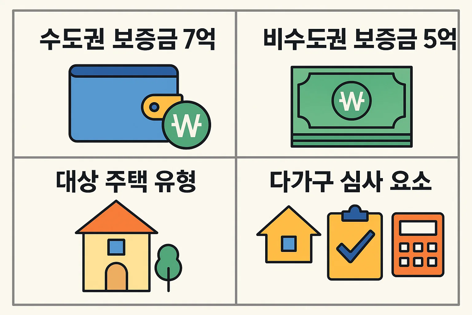 수도권&middot;비수도권 보증금 한도 차이, 대상 주택 유형, 다가구 주택 심사요소 등을 시각적으로 정리한 인포그래픽.