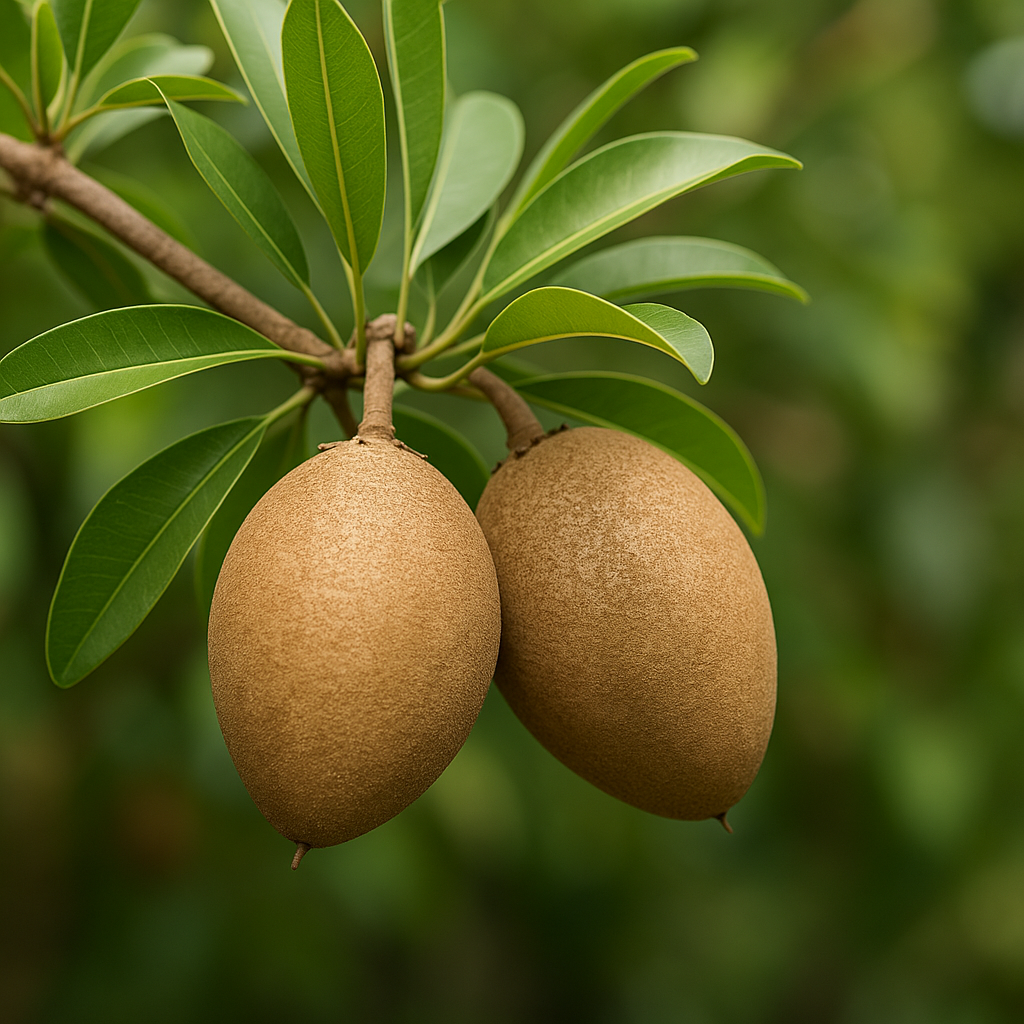 "사포딜라 열매가 나무에 달린 모습, 갈색 타원형 과일과 초록 잎이 함께 있는 장면"