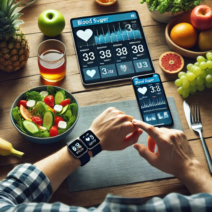 식탁 위에서 스마트폰 앱과 스마트워치를 연동하며 혈당 데이터를 분석하는 장면